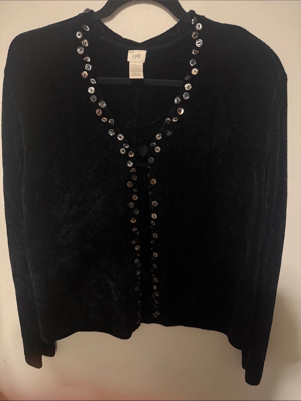 J. Jill Black Cardigan Large Decorative Button Beaded V Neck Sweater